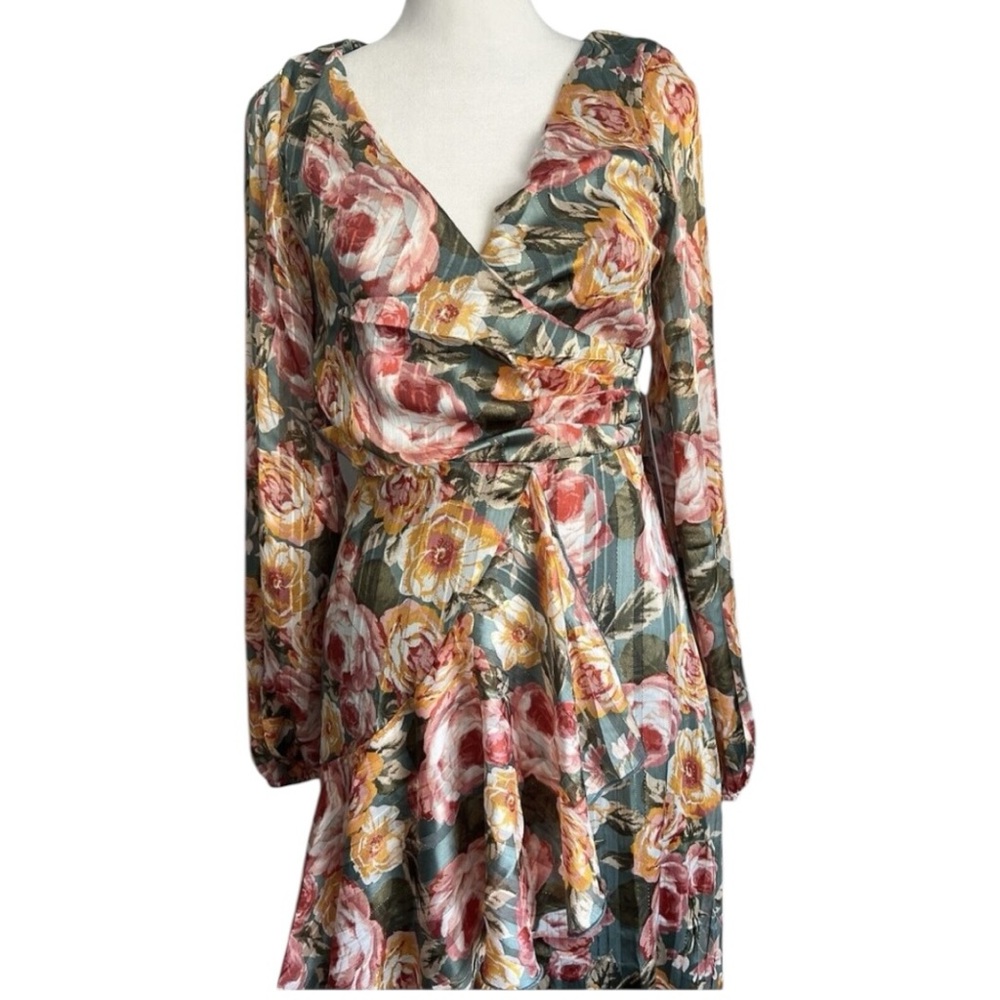 NWT Maxi Dress long Sleeve flowy asymmetrical chiffon floral metallic Sz S - Picture 8 of 12